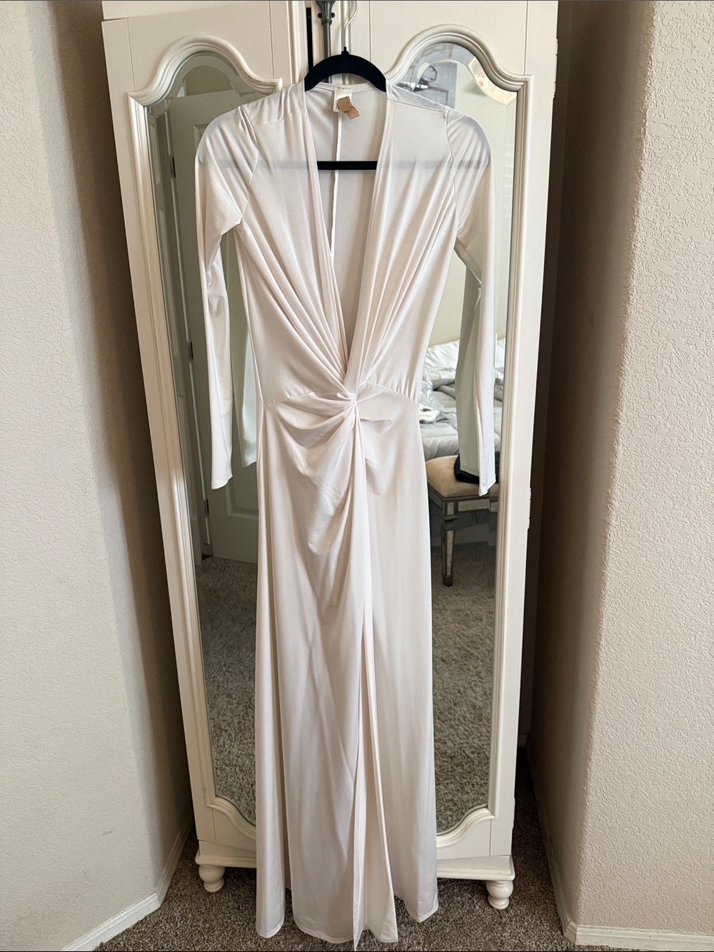 monaco White Long Sleeve Twist-Waist Maxi Dress with slit